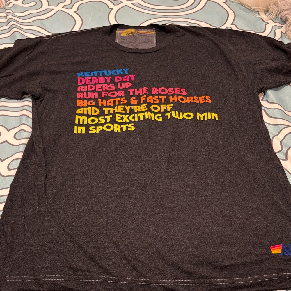 Aviator Nation Dark Gray Tee with Blue Pink Orange Yellow Text